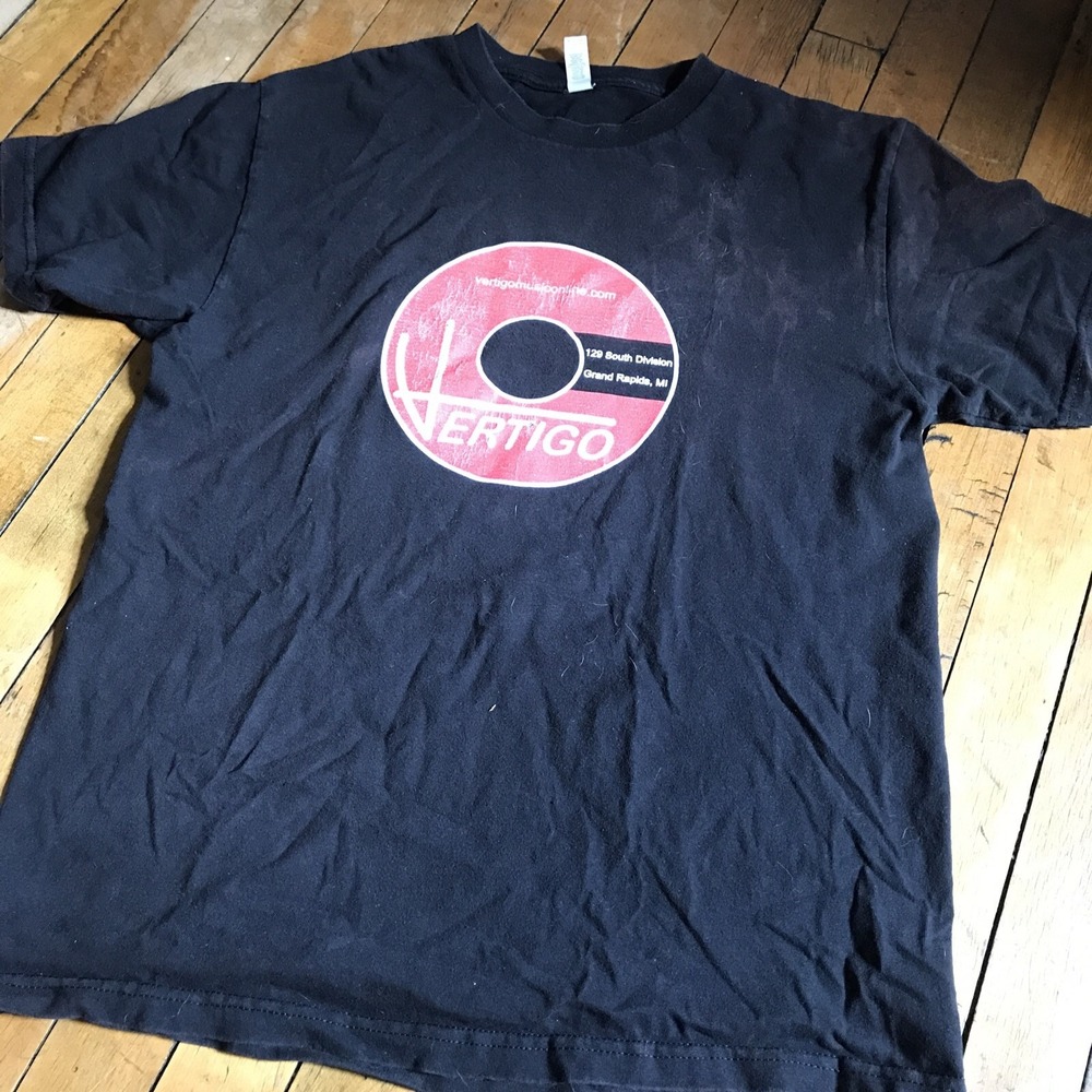 Vertigo Music Shop Grand Rapids MI Record Store Logo Tee Mens Medium Black M & M
